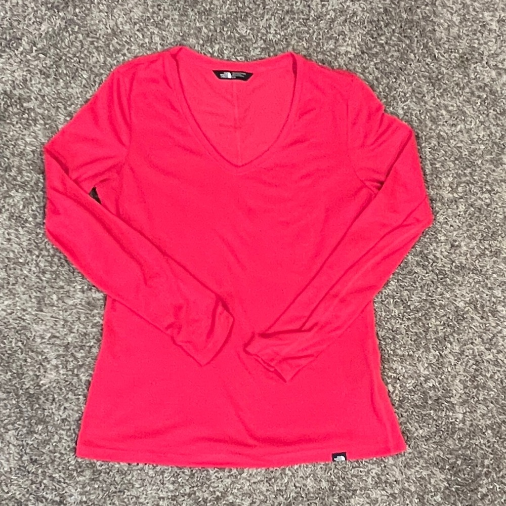 The North Face Flashdry Long Sleeve V-Neck Pink Tee Shirt Top Great Condition